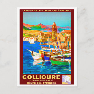 Postal Collioure, Pirineos, Francia, barcos en el puerto,