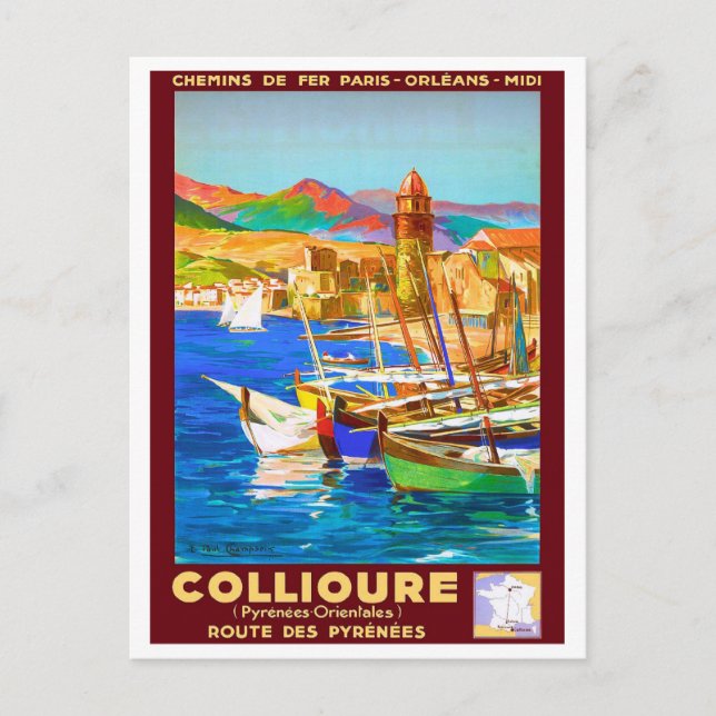 Postal Collioure, Pirineos, Francia, barcos en puerto,vin (Anverso)