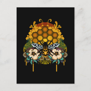 Postal Colmena de abeja reina Arte floral elegante negro