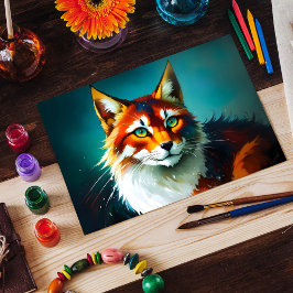 Postal color brillante fantasía pelirroja gato blanco