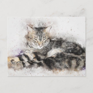 Postal Color de agua negro marrón y gato blanco