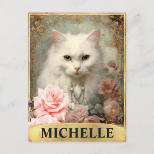 Postal Color de agua Vintage Gato blanco y rosas rosadas