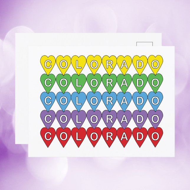 Postal Colorado US Hearts Colorful (A postcard with the US state of Colorado in yellow, green, blue, purple and red hearts)
