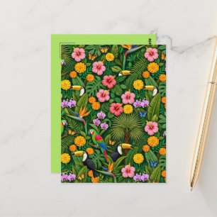 Postal Colores alegres aves de la selva flores tropicales