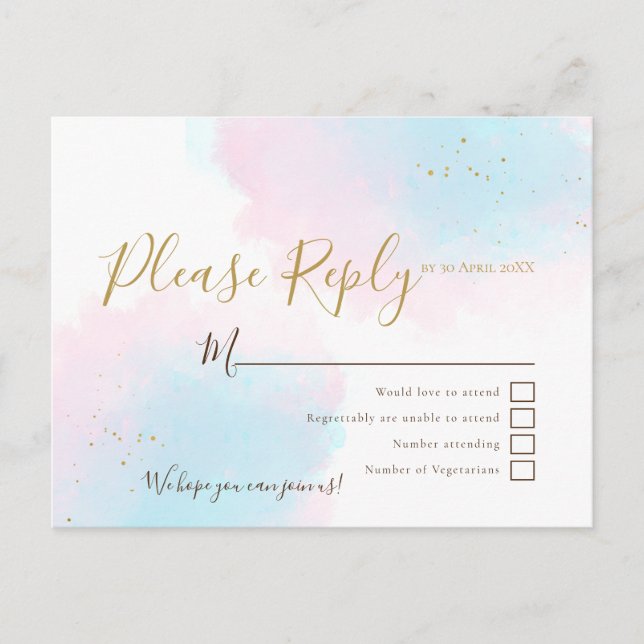 Postal Colores de agua rosados y azules Wedding RSVP (Anverso)