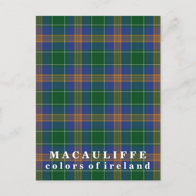 Postal Colores de Irlanda Clan MacAuliffe Tartán (Anverso)