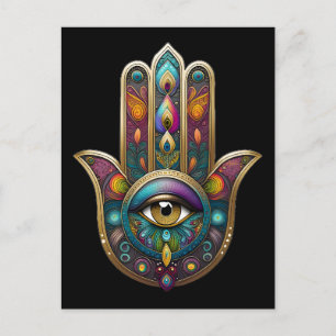 Postal Colores de pavo real Hamsa con tercer ojo de oro