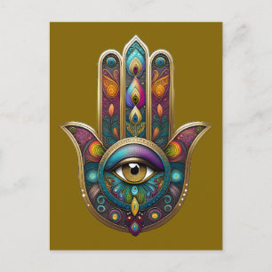 Postal Colores de Pavo Real Hamsa con Tercer Ojo de Oro