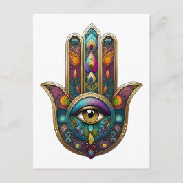 Postal Colores de pavo real Hamsa con tercer ojo de oro