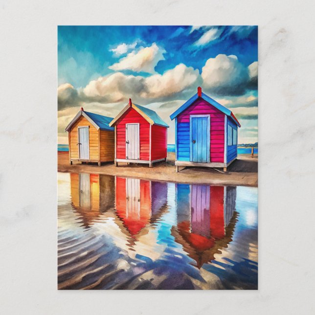 Postal Colorful Beach Huts Ocean Reflection Coastal  (Anverso)