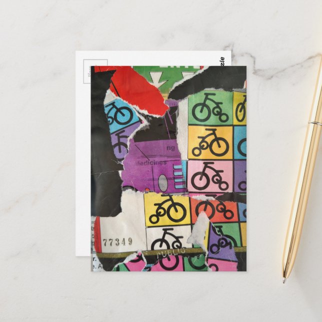Postal Colorful Bicycles mixed media collage (Anverso/Reverso In Situ)