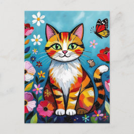 Postal Colorful Cat, Flowers and Butterfly 