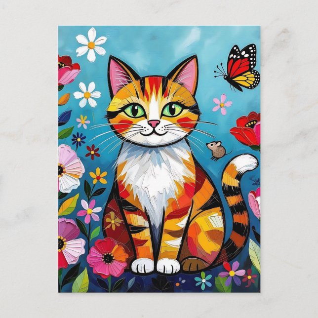 Postal Colorful Cat, Flowers and Butterfly  (Anverso)