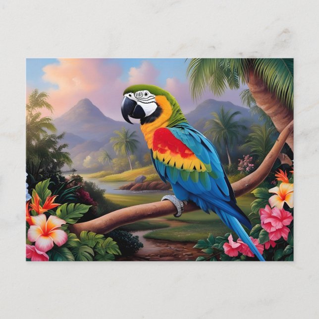 Postal Colorful Exotic Parrot Bird on the Branch  (Anverso)