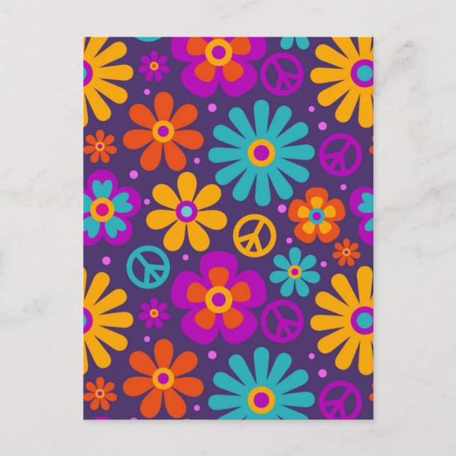 Postal Colorful Flowers Peace Love Groovy Retro Hippie (Anverso)