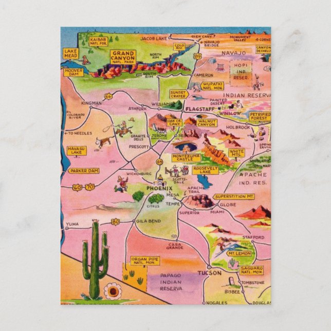 Postal Colorful Illustrated Arizona Map Postcard (Anverso)
