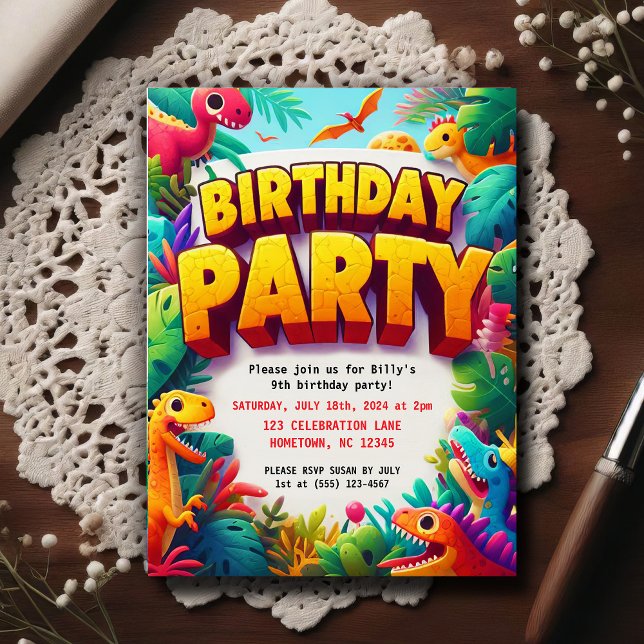 Postal Colorful Kid's Dinosaur Birthday Party  (Subido por el creador)