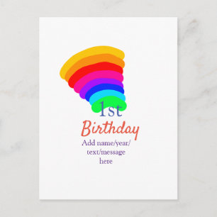 Postal Colorful rainbow 1st birthday add date name messag
