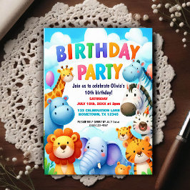 Postal Colorful Zoo Animals Birthday Party Invitation