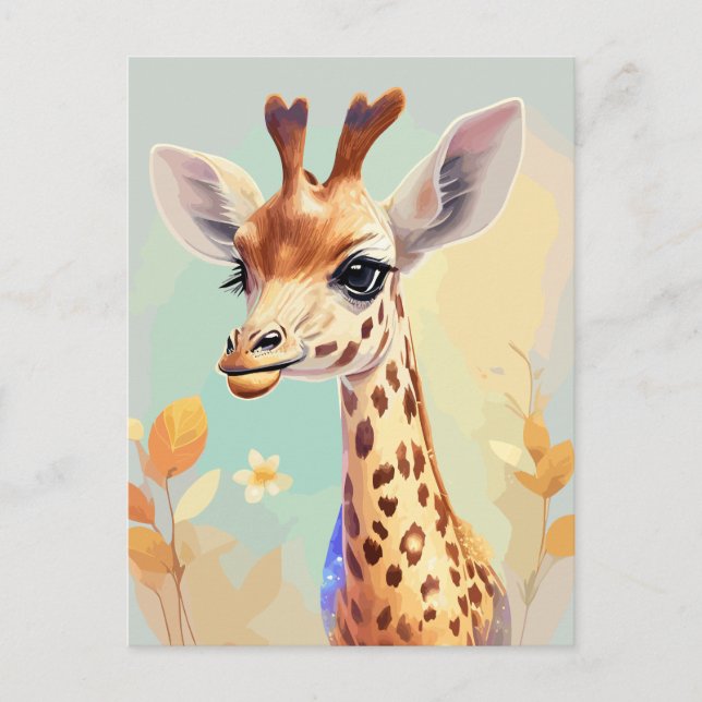 Postal Colorida acuarela Baby Giraffe (Anverso)