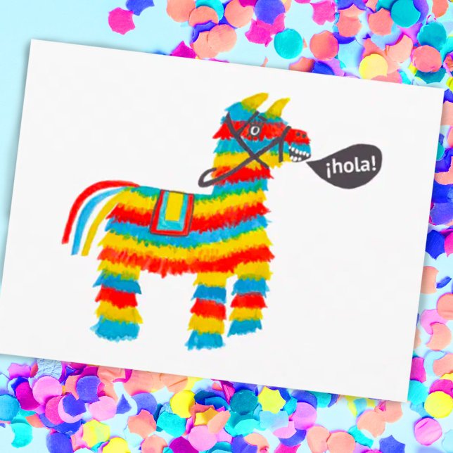 Postal Colorida acuarela Donkey Piñata (Cute gouache paint pinata saying hola on a postcard! Customize with your own text)
