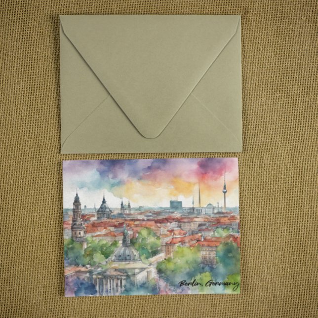 Postal Colorida Berlin Alemania Skyline Watercolor (berlin germany city watercolor postcard)