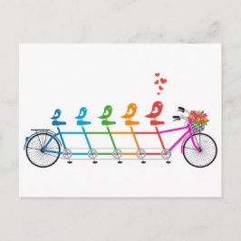 Postal colorida bicicleta tándem con familia de pájaros l