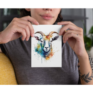 Postal colorida cabeza de cabra pintada en acuarela