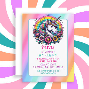 Postal Colorida fiesta de cumpleaños del Chica de unicorn