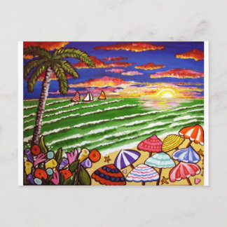 Postal Colorida playa Sunset Folk Art