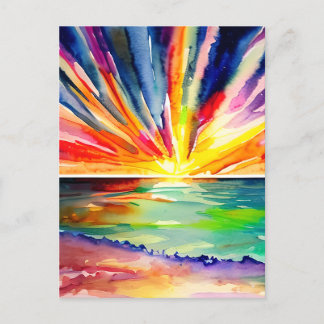 Postal Colorida puesta de sol sobre el arte acuático del