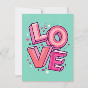 Postal Colorida tipografía de amor en 3D sobre fondo verd