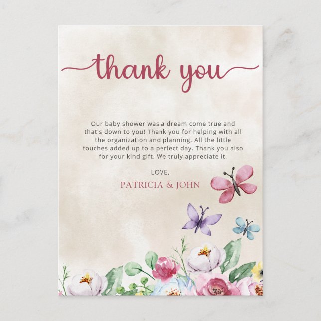 Postal Coloridas mariposas Baby Shower Gracias (Anverso)