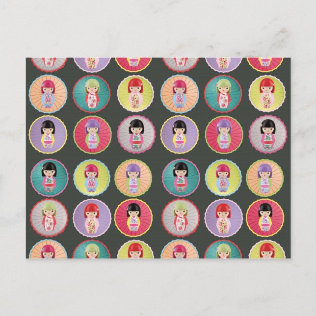 Postal Coloridas muñecas Kokeshi (Anverso)