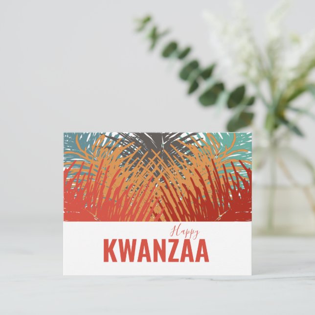 Postal coloridas plumas Black Holiday Happy Kwanzaa (Anverso de pie)