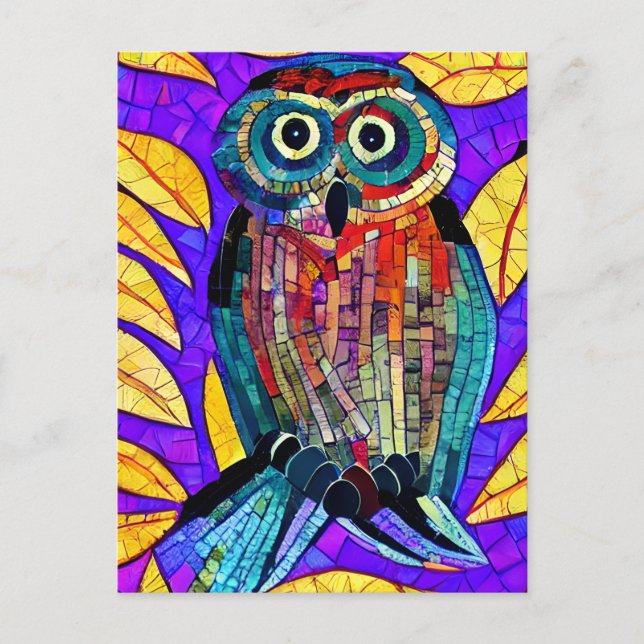 Postal Colorido arte de búho de mosaico caprichoso (Anverso)