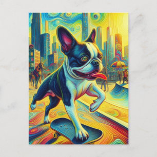 Postal Colorido Boston Terrier Skateboarding Surreal Art