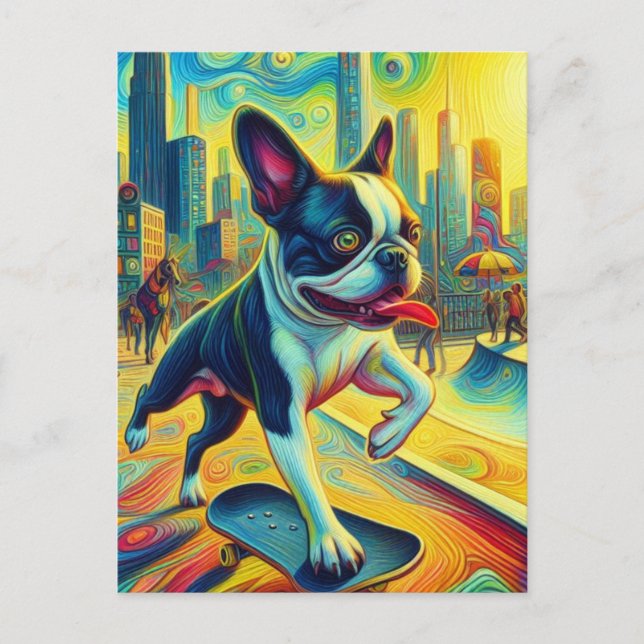 Postal Colorido Boston Terrier Skateboarding Surreal Art (Anverso)