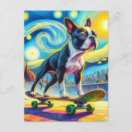 Postal Colorido Boston Terrier Skateboarding Van Gogh