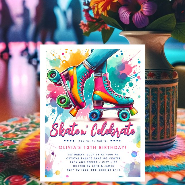 Postal Colorido Cumpleaños Retro con Patines de Rodillos (Colorful Retro Roller Skate Birthday Invitation Postcard)