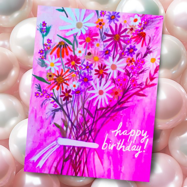 Postal Colorido Daisy Bouquet Feliz cumpleaños morado (Colorful pink purple watercolor hand painted daisy wildflower bouquet custom birthday postcard)