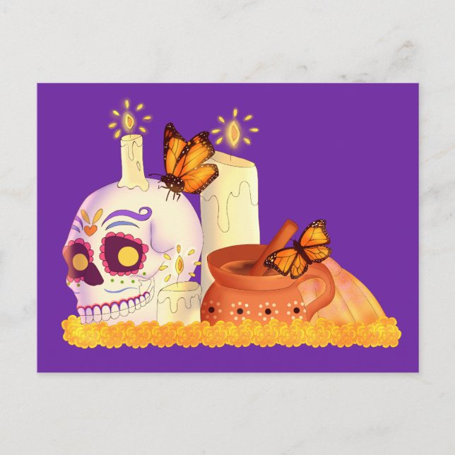 Postal Colorido Día Mexicano Del Cráneo De Azúcar Muerto (Anverso)