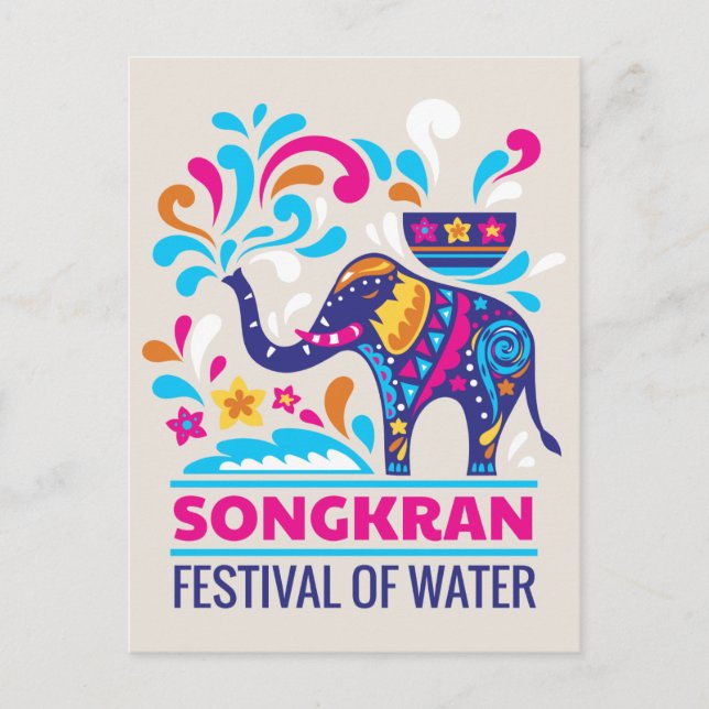 Postal Colorido Festival Songkran de Agua Elefante (Anverso)