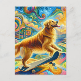 Postal Colorido Golden Retriever Skateboarding