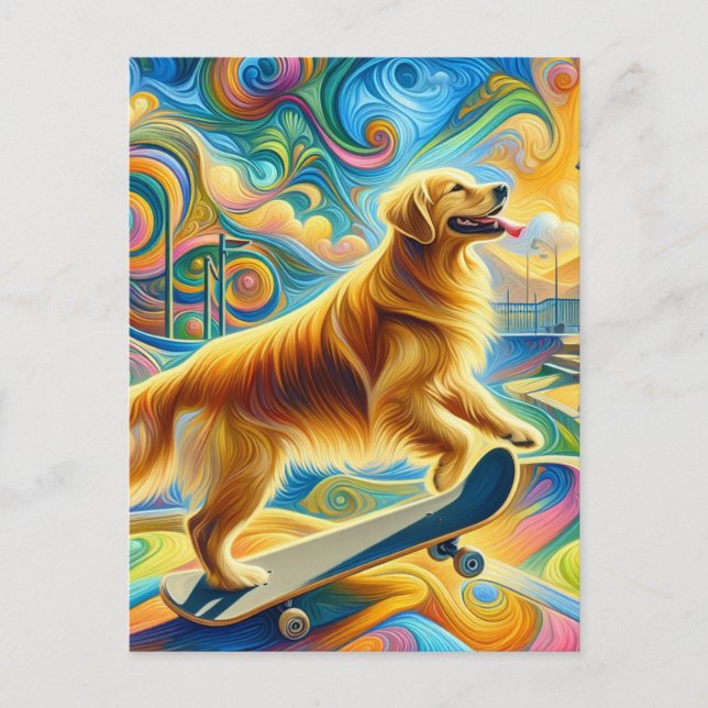 Postal Colorido Golden Retriever Skateboarding (Anverso)