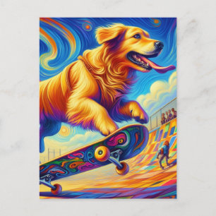 Postal Colorido Golden Retriever Skateboarding