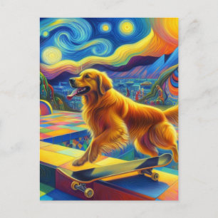 Postal Colorido Golden Retriever Skateboarding Van Gogh