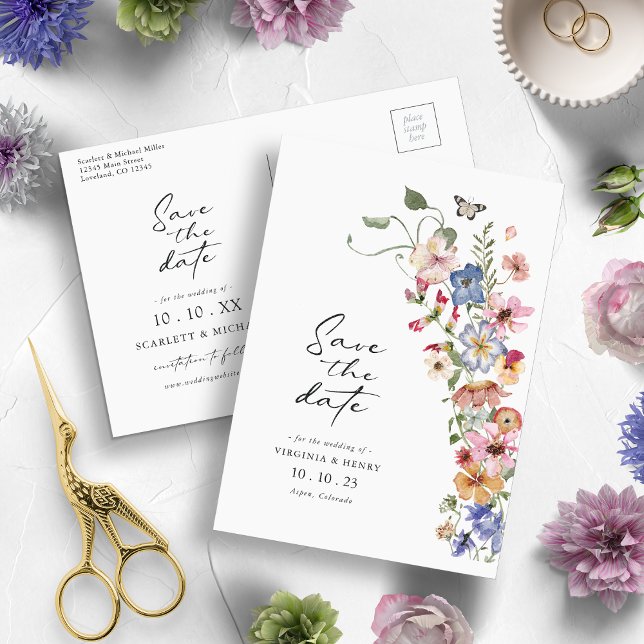 Postal Colorido Guardar la fecha (Watercolor Colorful Wildflower Save The Date Postcard by Painted Paperie)