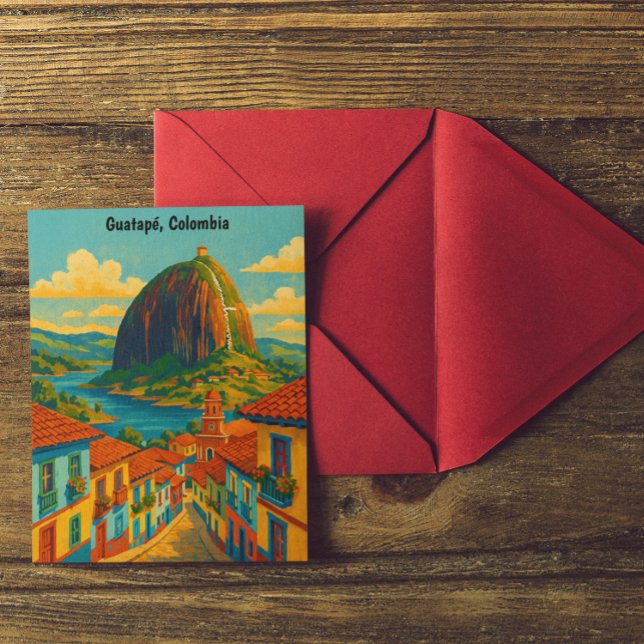 Postal Colorido Guatape Roca El Penol Colombia  (Colorful Guatape El Penol Rock Colombia Postcard)