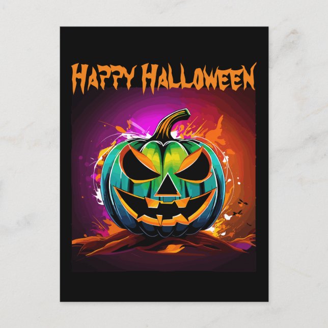 Postal Colorido Halloween Creepkin Calabaza Negra (Anverso)
